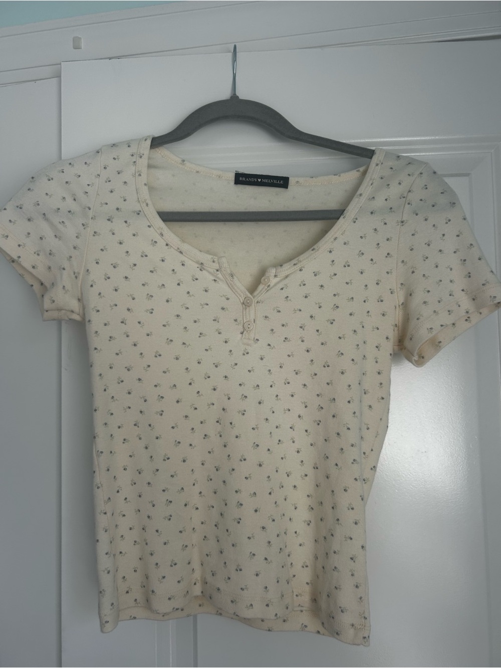 Brandy Melville Cream Floral Henley Tee
